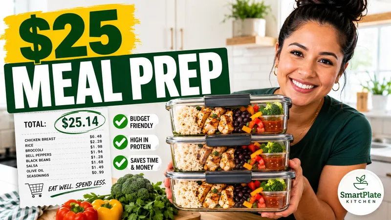 A food thumbnail combining a presenter, meal containers, a shopping-list visual, and a green-and-yellow headline.
