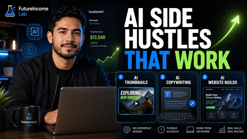 A thumbnail composition pairing a presenter and laptop with neon-green typography and service mockups.
