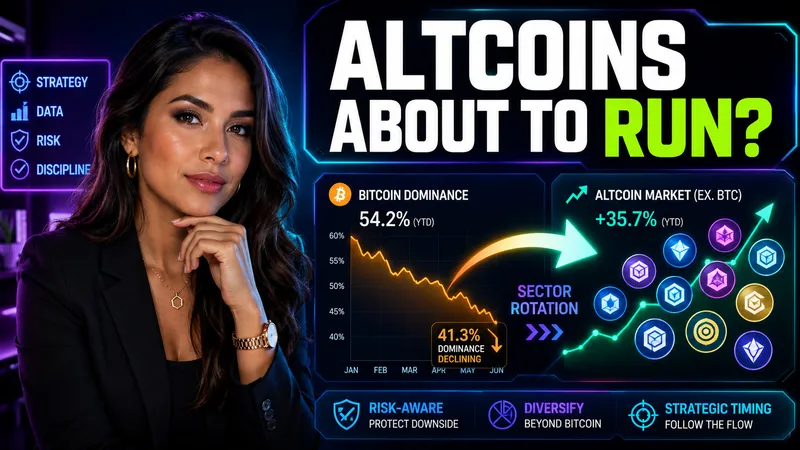 A finance thumbnail combining a presenter, token symbols, chart cards, and a bright green arrow.