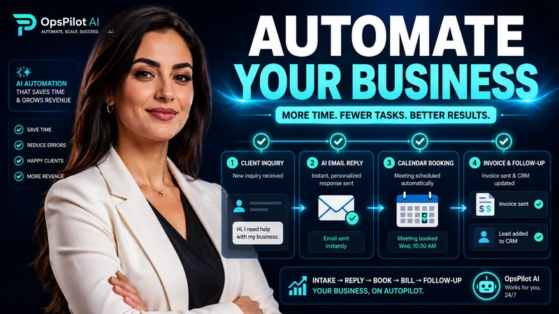 A thumbnail featuring a presenter, cyan headline, and illustrated automation workflows.