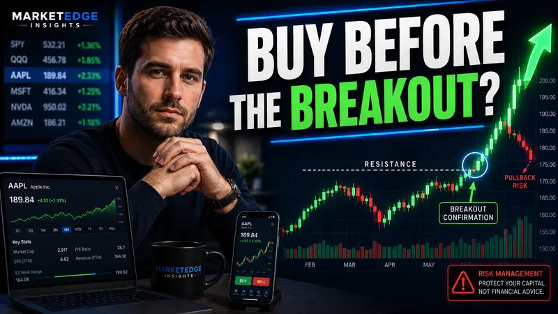 A finance thumbnail using a presenter, trading-interface imagery, and a green breakout headline.