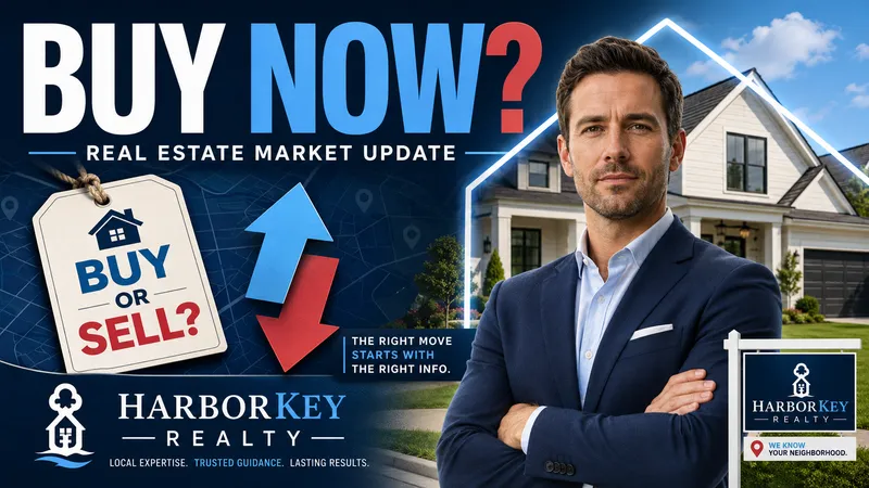 A property thumbnail with a presenter, house imagery, market arrows, and bold blue editorial lettering.