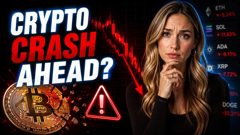 A finance thumbnail with a concerned presenter, Bitcoin imagery, red chart movement, and warning typography.