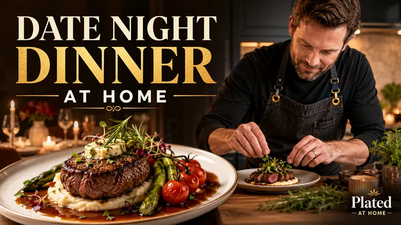 A food thumbnail presenting a warm dinner scene with plated dishes and serif editorial typography.