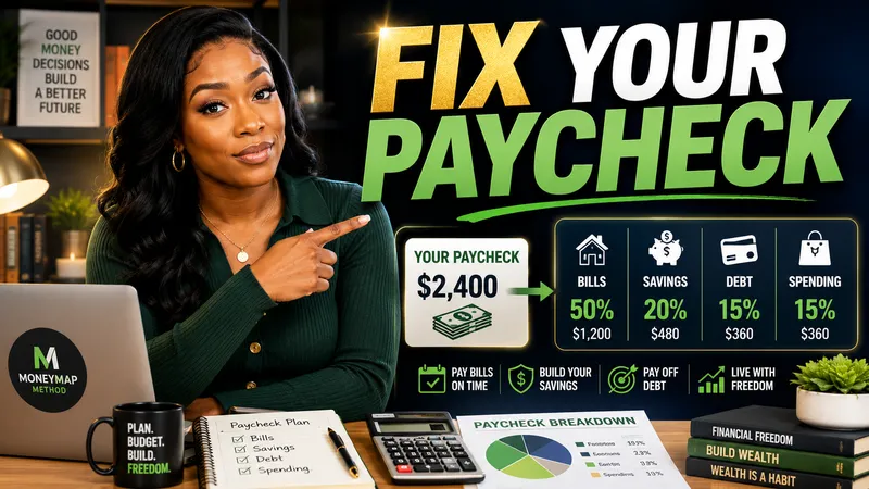 A budgeting thumbnail with a presenter, green headline, and illustrated paycheck-allocation cards.