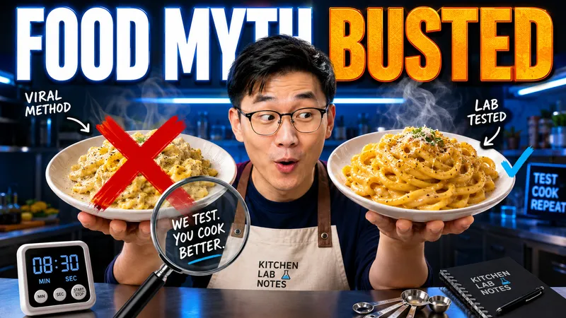 A food thumbnail contrasting two dishes with a presenter, red symbols, and oversized orange lettering.