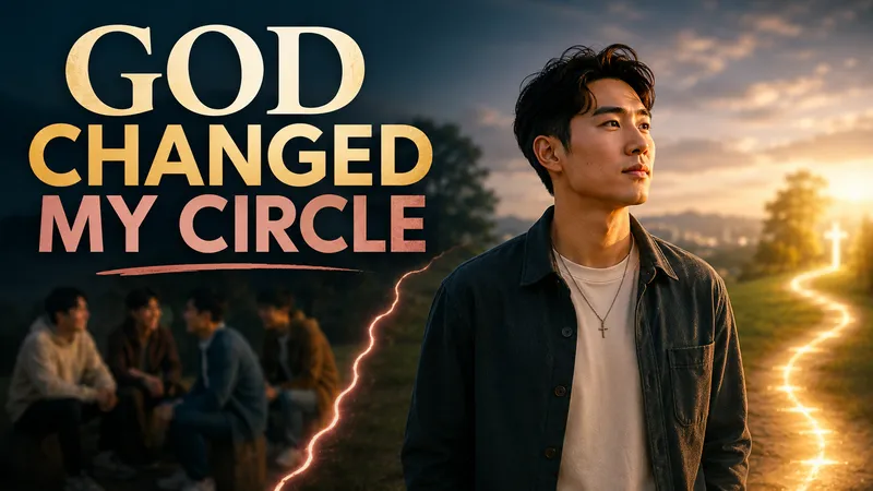 A faith-themed thumbnail combining a presenter, background figures, and gold editorial typography.