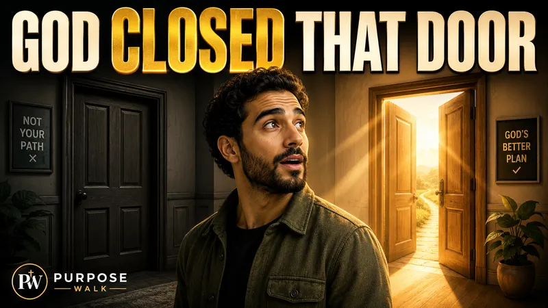 A faith-themed thumbnail using a presenter, dark doorway, warm light, and large gold typography.