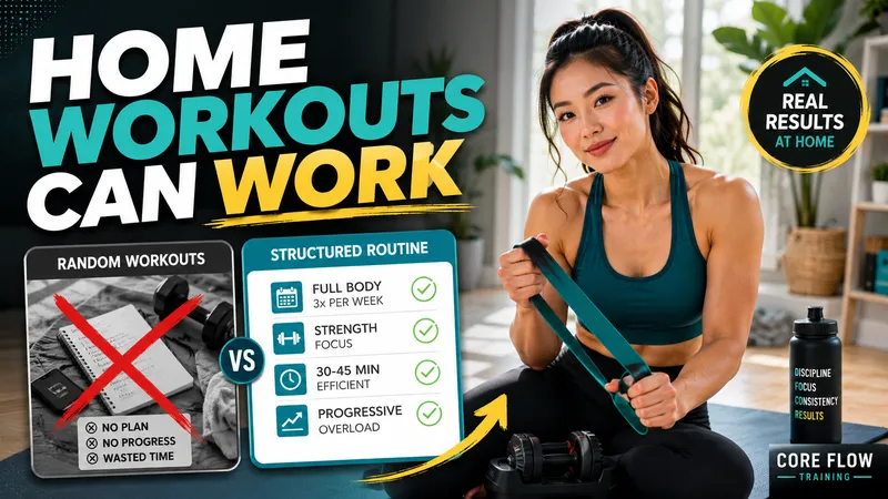 A fitness thumbnail combining a home-exercise portrait, plan graphics, and turquoise headline lettering.
