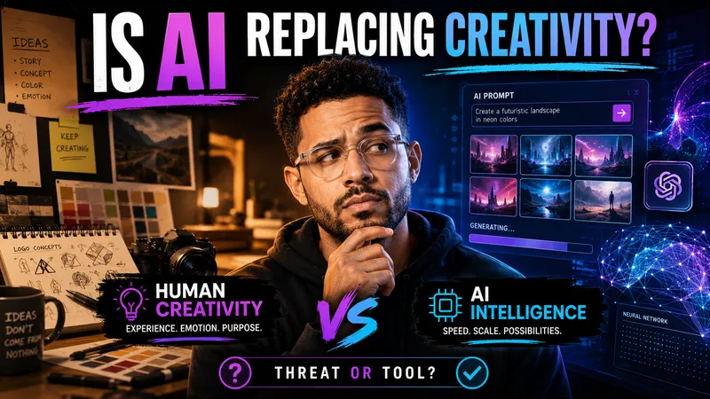 A creator-focused thumbnail juxtaposing a portrait, creative tools, and AI-interface imagery.