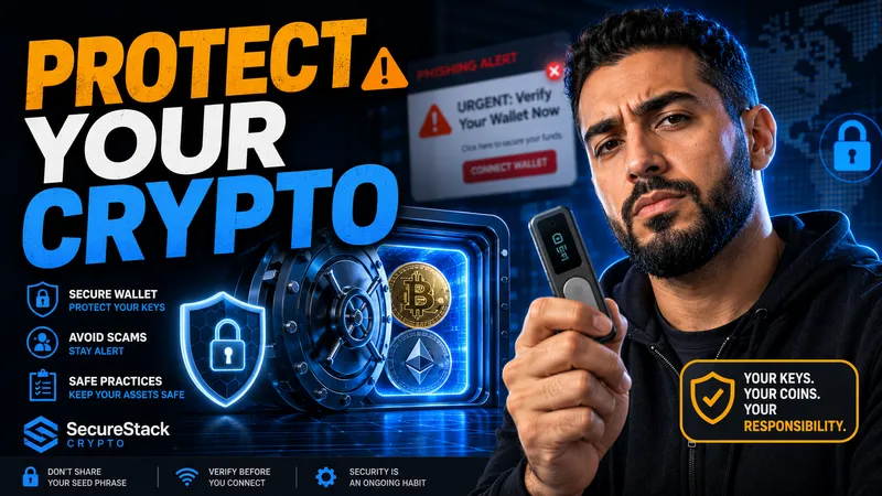 A security-themed finance thumbnail with a phone, presenter, lock symbols, and blue-and-orange headline.