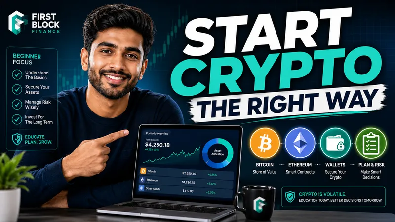 A finance thumbnail pairing a presenter and laptop with turquoise typography and illustrated beginner steps.