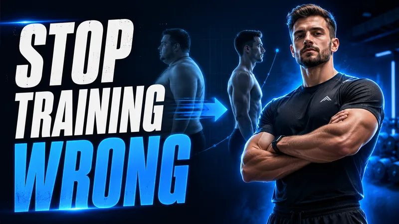 A fitness thumbnail using a presenter, training silhouettes, and oversized blue-and-white lettering.