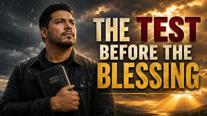 A faith-themed thumbnail contrasting stormy and bright skies behind a presenter and oversized headline.