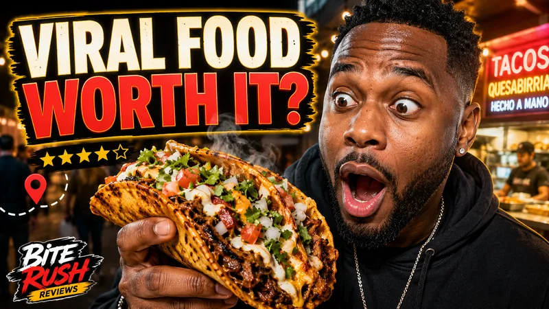 A food thumbnail pairing an expressive presenter and taco imagery with bold red-and-yellow typography.