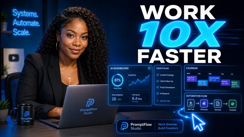 A productivity thumbnail with a presenter, laptop, blue interface mockups, and oversized cyan lettering.