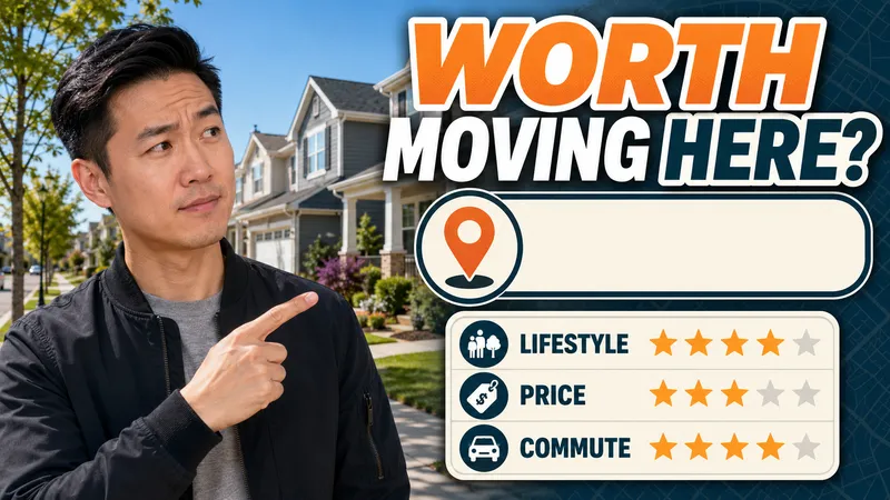 A property thumbnail combining a presenter, house imagery, and a checklist-style location comparison.