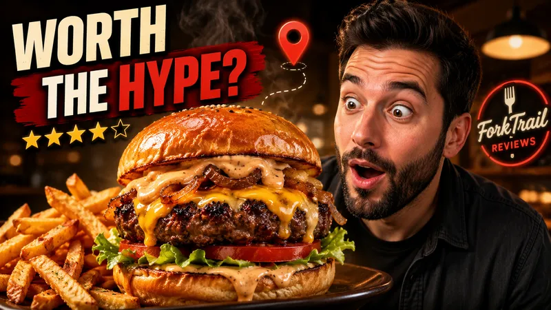 A food thumbnail combining a burger, expressive presenter, and large cream-and-red headline.