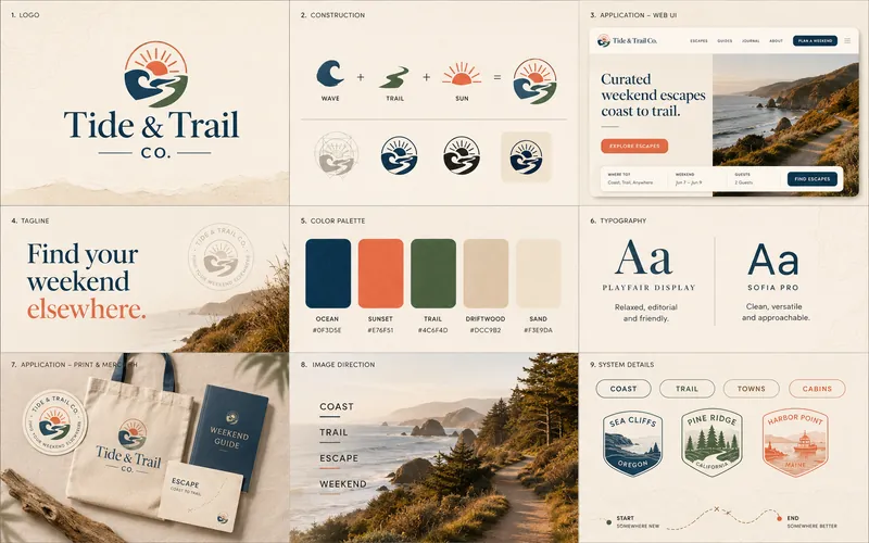 Tide & Trail identity board with logo, palette, typography, and application mockups