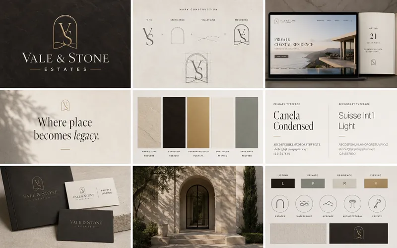 Vale & Stone identity board with logo, palette, typography, and application mockups