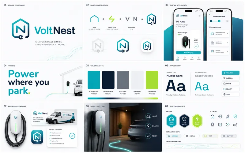 Volt Nest identity board with logo, palette, typography, and application mockups