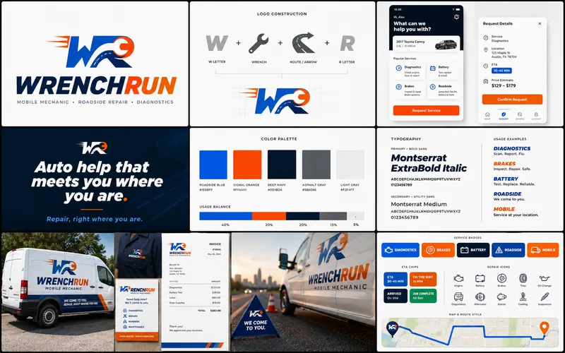 Wrench Run identity board with logo, palette, typography, and application mockups