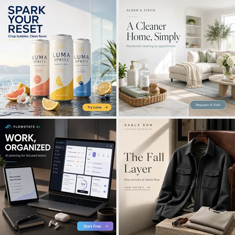 Collage of branding, advertising, social media, and digital design work