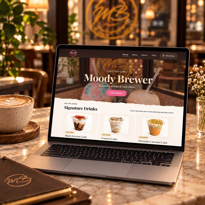 The Moody Brewer website shown on a MacBook in a warm café setting