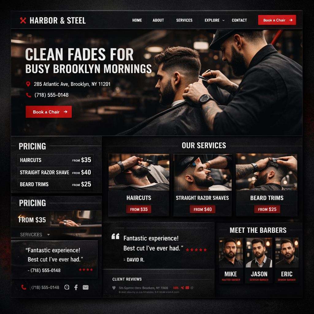 Harbor and Steel barber shop website preview